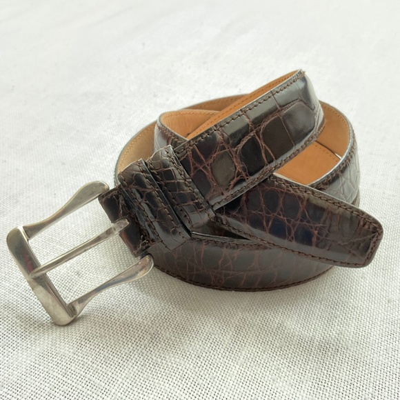 Brown Alligator Sterling Silver 925 Buckle Men’s Luxurious Belt Size 115/100 NEW - Picture 2 of 15